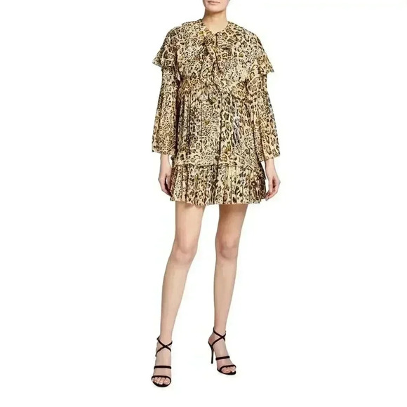 Pinko Ippolito Leopard Print Silver Metallic Ruffle Tiered Mini Dress New $550
